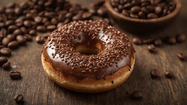 A delicious chocolate frosted donut topped with chocolate sprinkles, surrounded by roasted coffee beans.