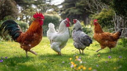 Fototapeta premium The colorful chickens enjoying a sunny day in a vibrant garden setting.