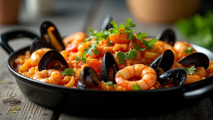 Spanish paella with mussels, shrimps and vegetables. 