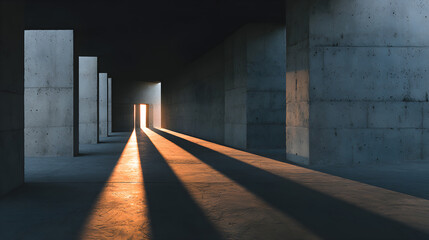 Dramatic sunlight casting defined shadows between concrete columns of a modern architectural facade