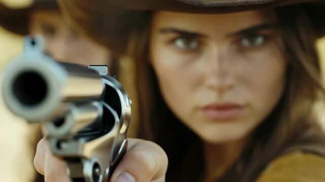 A tense confrontation unfolds as two determined cowgirls face off in a dusty setting. Their fierce expressions and readiness highlight the spirit of the wild west era, packed with suspense