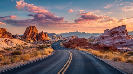 Fototapeta premium A stunning road through a desert landscape, with striking rock formations and a sunset casting warm hues across the expansive, open road.