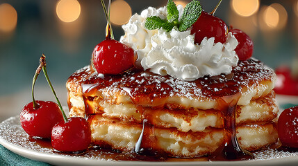 Appetizing stack of fluffy pancakes topped with rich maple syrup, whipped cream, and a bright cherry
