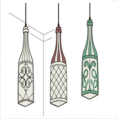 Illustration of three decorative bottle shaped hanging lamps with different patterns and colors shown