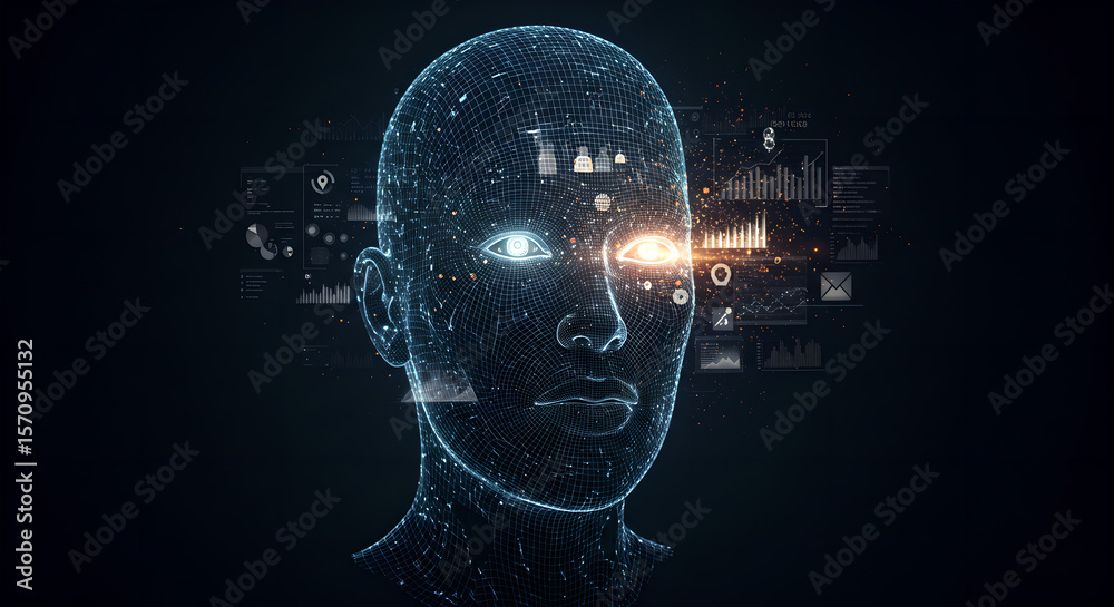 Poster digital wireframe head with data visualization. artificial intelligence and machine learning concept