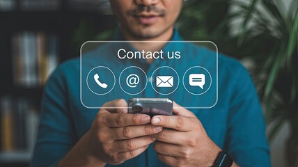 Man holding smartphone with holographic contact us icons for phone email chat and social media