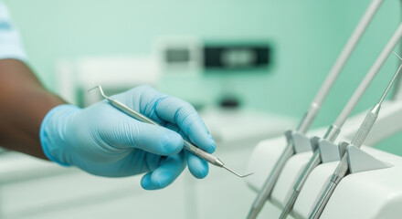 Dentist wearing blue protective gloves selects metal dental tool in modern clinic preparing for patient oral examination and treatment procedure