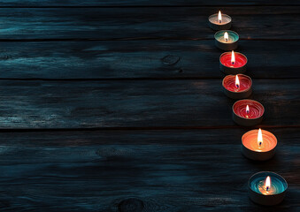 Row of Small Candles Burning on Dark Wooden Surface