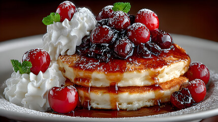 Appetizing stack of fluffy pancakes topped with rich maple syrup, whipped cream, and a bright cherry