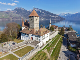 Drone view at the fort of Spiez on lake Thun in Switzerland