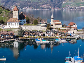 Drone view at the fort of Spiez on lake Thun in Switzerland