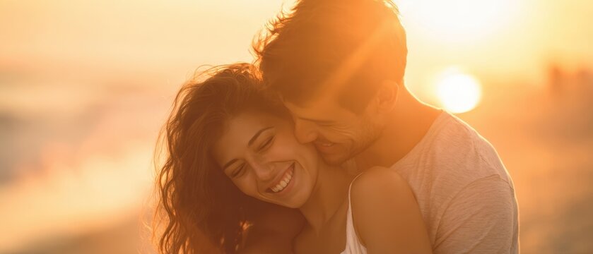 The embrace of a couple in love during a stunning sunset at the beach