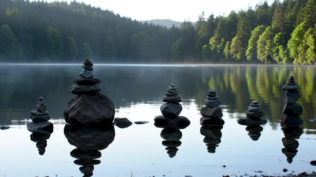 Zen Stones Balanced on a Calm Lake Reflecting Green Forest in Soft Morning Light