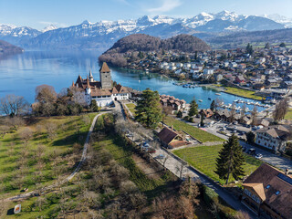 Drone view at the fort of Spiez on lake Thun in Switzerland