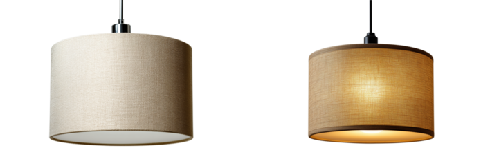 Set of a modern pendant light with a beige fabric shade, isolated on a transparent background.