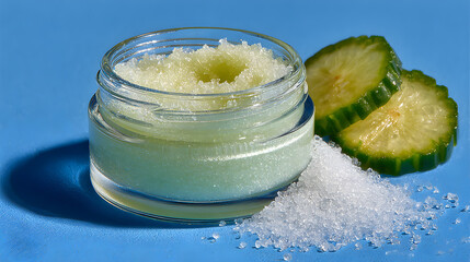 Gentle Exfoliant Texture Smeared Beside Open Jar on Bright Background