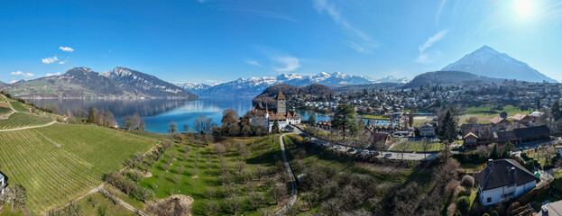 Drone view at the fort of Spiez on lake Thun in Switzerland
