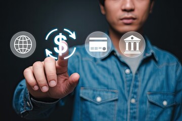 Man s finger touching glowing icons representing global finance currency exchange credit cards and banking on a dark background