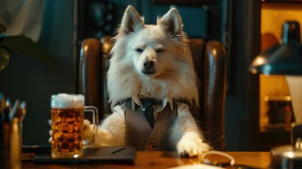 A dog sitting at a table with a mug of beer, perfect for casual moments and fun gatherings