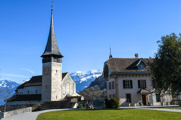 View at the fort of Spiez on lake Thun in the Swiss alps