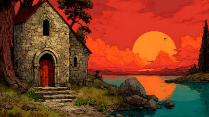 Artistic pixel art depicting a quaint stone church by a serene lake bathed in golden sunset rays