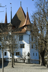 View at the fort of Spiez on lake Thun in the Swiss alps