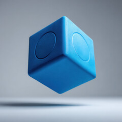 a vivid and bright blue rubber cube floating in mid air in a blank grey environment the cube has bevelled edges and rounded corners and on each side of the cube there is a fine circle thinly recess