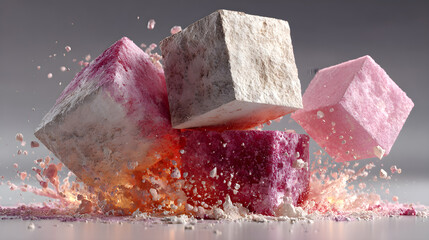 Abstract geometric blocks in pastel pink softly disintegrating on a clean white background