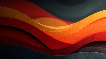 Abstract layered wave patterns in bold hues of red, orange, black, and grey creating visual dynamism