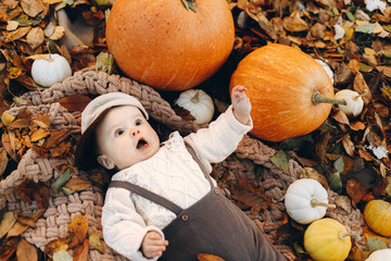 Adorable happy baby boy lying on cozy blanket with pumpkin and autumn leaves. Cute happy little...