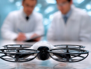 Compact white drone with protective propeller guards and camera placed on reflective table in high-tech lab with two scientists in background