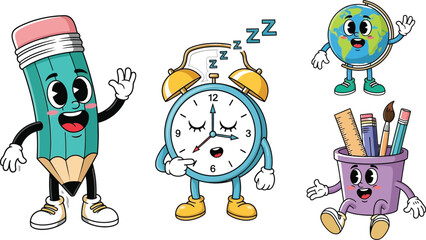 Cute cartoon school supplies characters pencil clock globe pen holder vector illustration design art