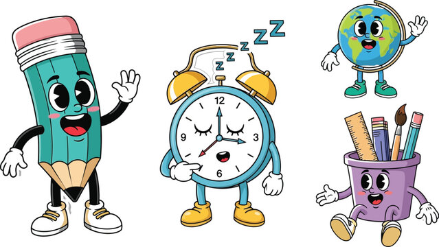 Cute cartoon school supplies characters pencil clock globe pen holder vector illustration design art