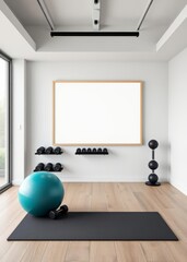 Modern home gym interior with blank frame dumbbells exercise ball and mat generative ai Empty room interior design architecture blank design room