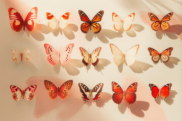 Aesthetic display of colorful butterflies. Artistic composition with vibrant colors, creating a visually pleasing and decorative background.