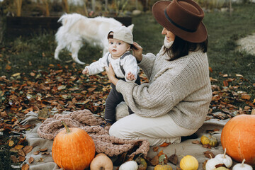 Stylish happy mother and adorable baby son playing on cozy blanket with pumpkin and autumn leaves....