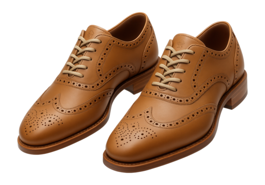 Tan brogue shoes with decorative perforations and wingtip design