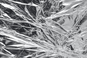 Close-up of crumpled aluminum foil, silver surface and detailed texture. Abstract metallic pattern, ideal for graphic design elements or backdrops. Versatile with a cellophane like appearance.