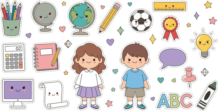 Back to school cute kawaii stickers vector illustration for kids education and learning resources design - Powered by Adobe