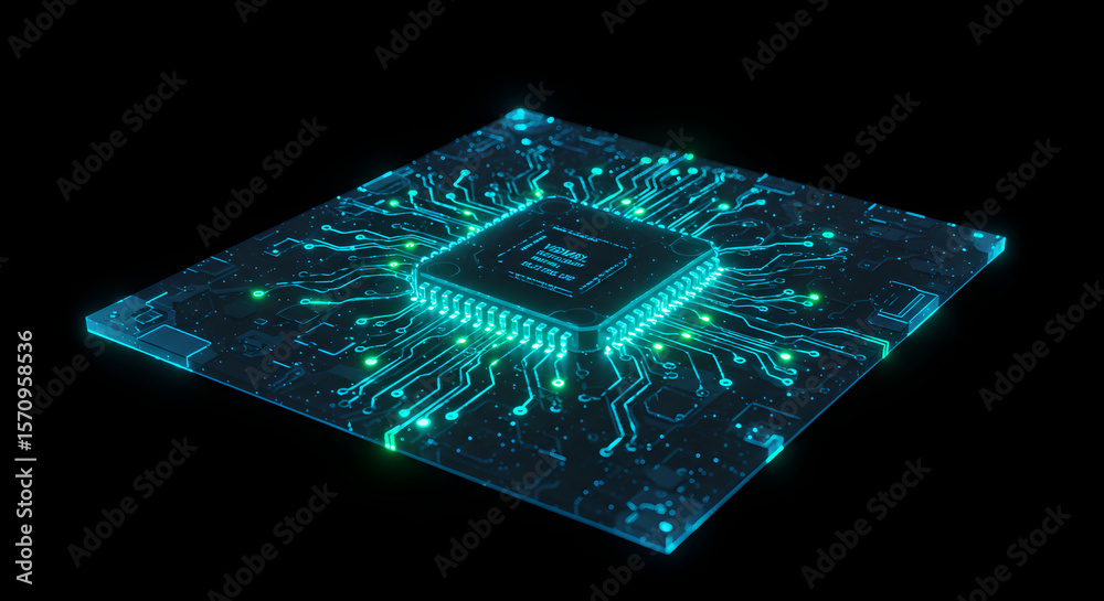 Poster green glowing computer microchip on a circuit board. futuristic hardware, digital data processing fo