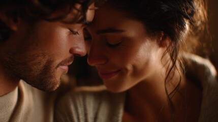 Obraz premium Couple shares an intimate moment while sitting closely together in a cozy setting during the evening