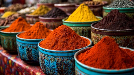 Fototapeta premium A vibrant image of a traditional spice market display with chili powder in colorful containers, showcasing its variety and appeal among other spices.