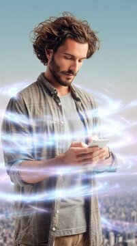 Man interacts with holographic display in urban, EMF-blocking