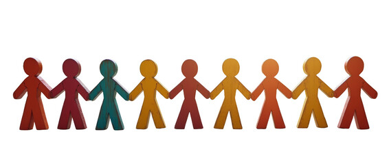 Symbolic Lineup of Multicolored Wooden Figurines Forming a Bridge