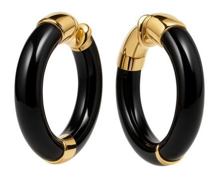 Black enamel hoop earrings with gold accents