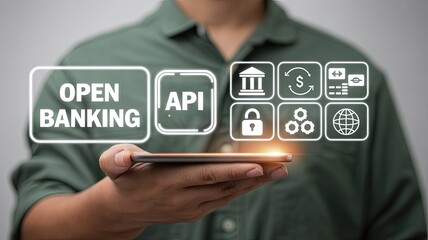 Person holding smartphone displaying open banking and api icons representing financial technology and digital banking services