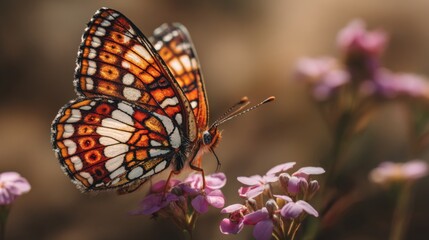 Obraz premium A vibrant macro shot of a colorful butterfly resting on a flower, highlighting its delicate wings and intricate patterns in bright sunlight