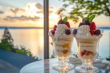 Dessert parfaits with berries and whipped cream on a patio overlooking a lake at sunset.
