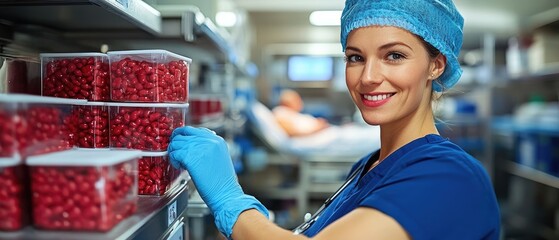 Healthcare worker restocking medication in a hospital with a patient in bed