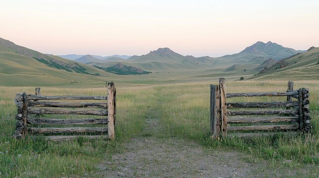 Rustic gate opens to valley with distant mountains - Powered by Adobe